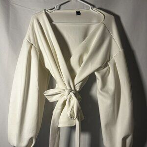 SHEIN White Wrap Tie Front Top Long Sleeve Peplum Blouse Size S